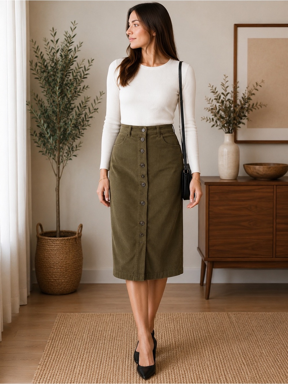 GAP Corduroy Button Front Skirt Olive Green Size XS
